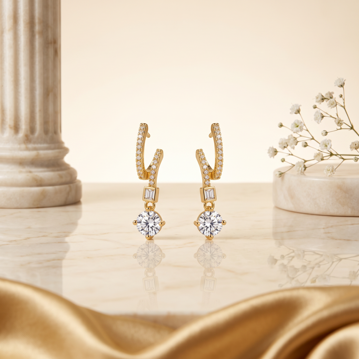 Gold Zigzag CZ Drop Stud Earrings