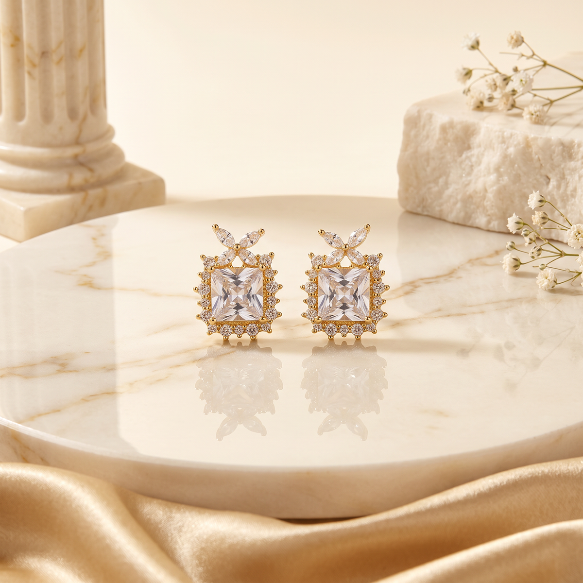 Gold Clover Leaf Pearl Stud Earrings