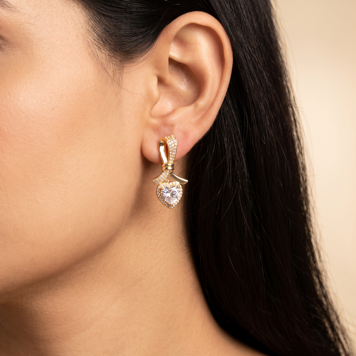 Gold Bow Motif Heart CZ Drop Earrings