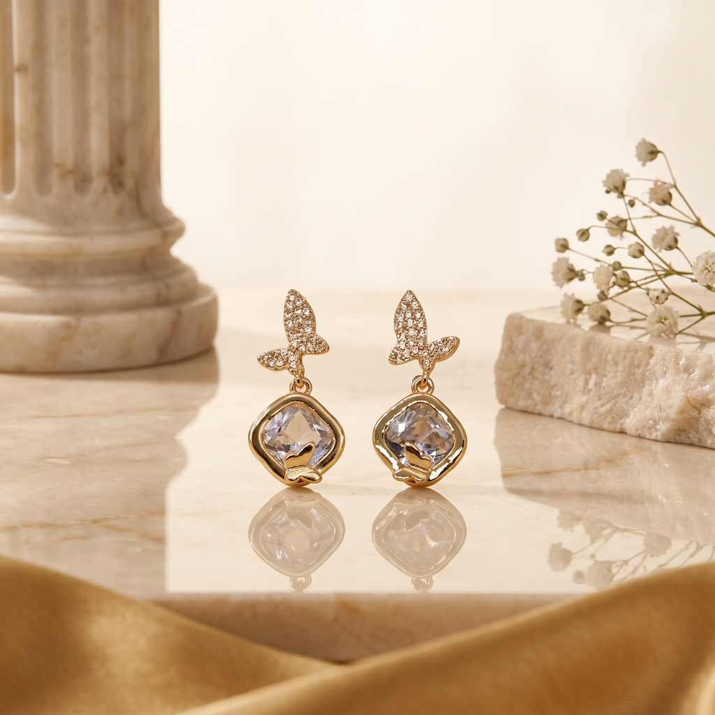 Gold Butterfly Motif CZ Stud Earrings