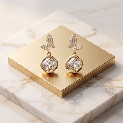 Gold Butterfly Motif CZ Stud Earrings