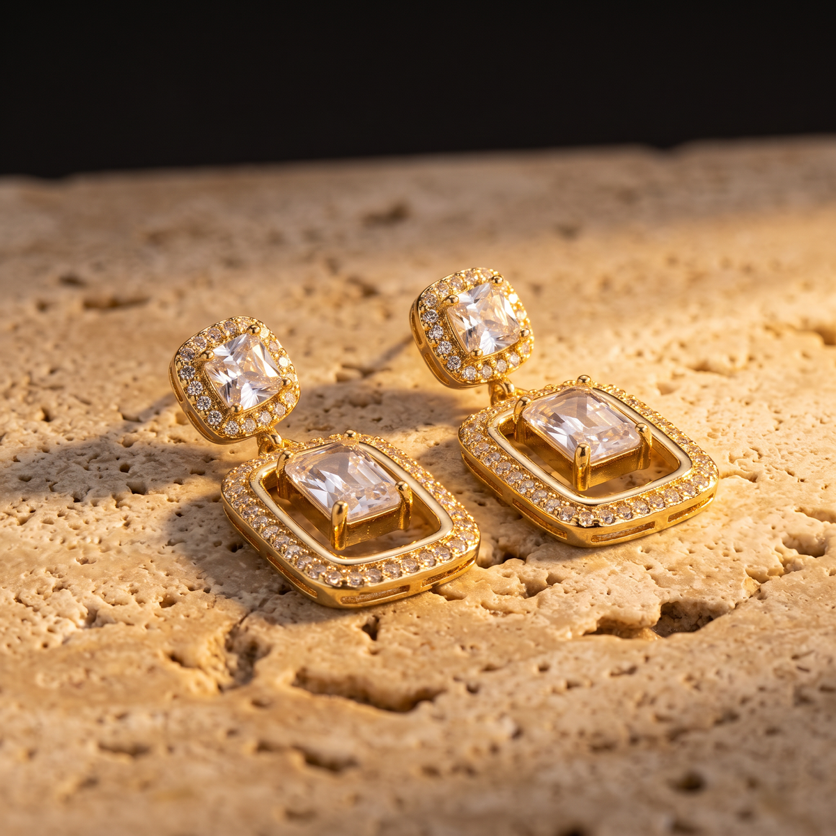 Gold Rectangular CZ Solitaire Drop Earrings