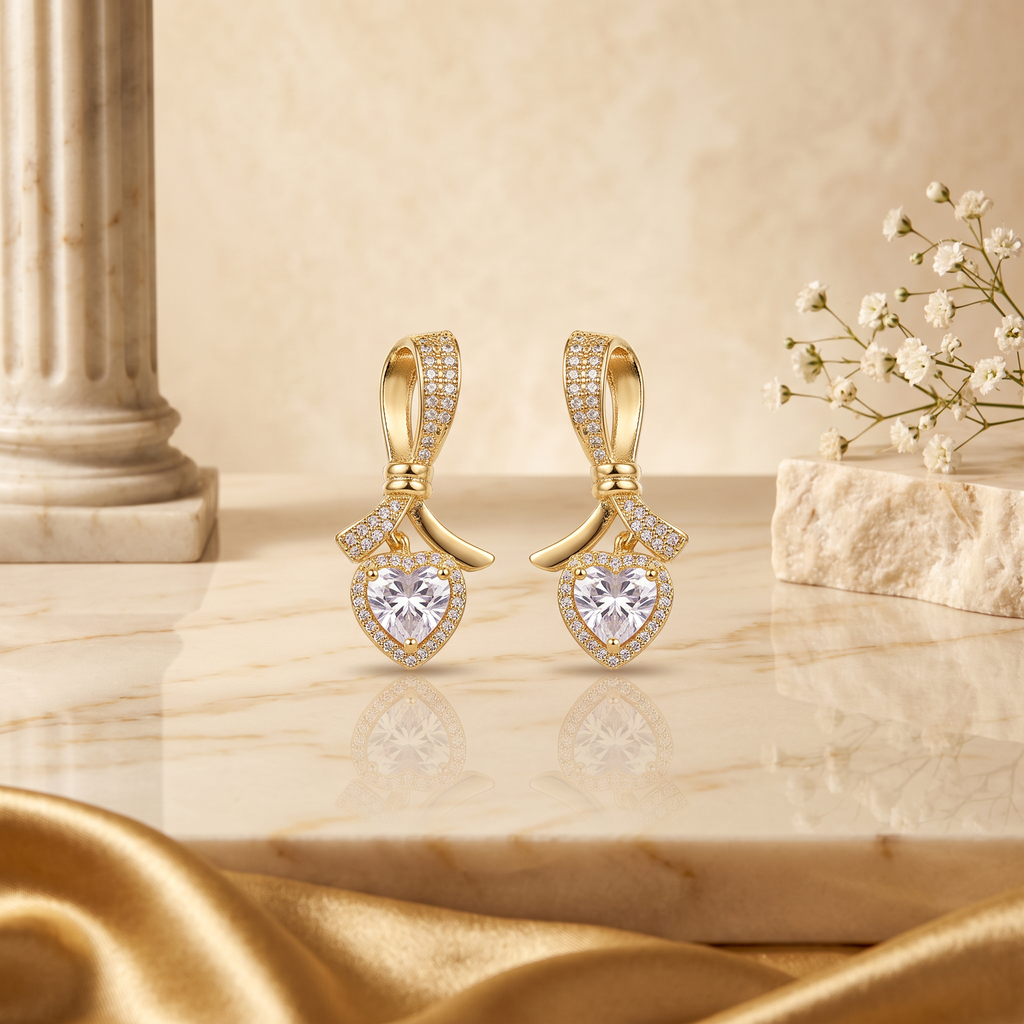 Gold Bow Motif Heart CZ Drop Earrings