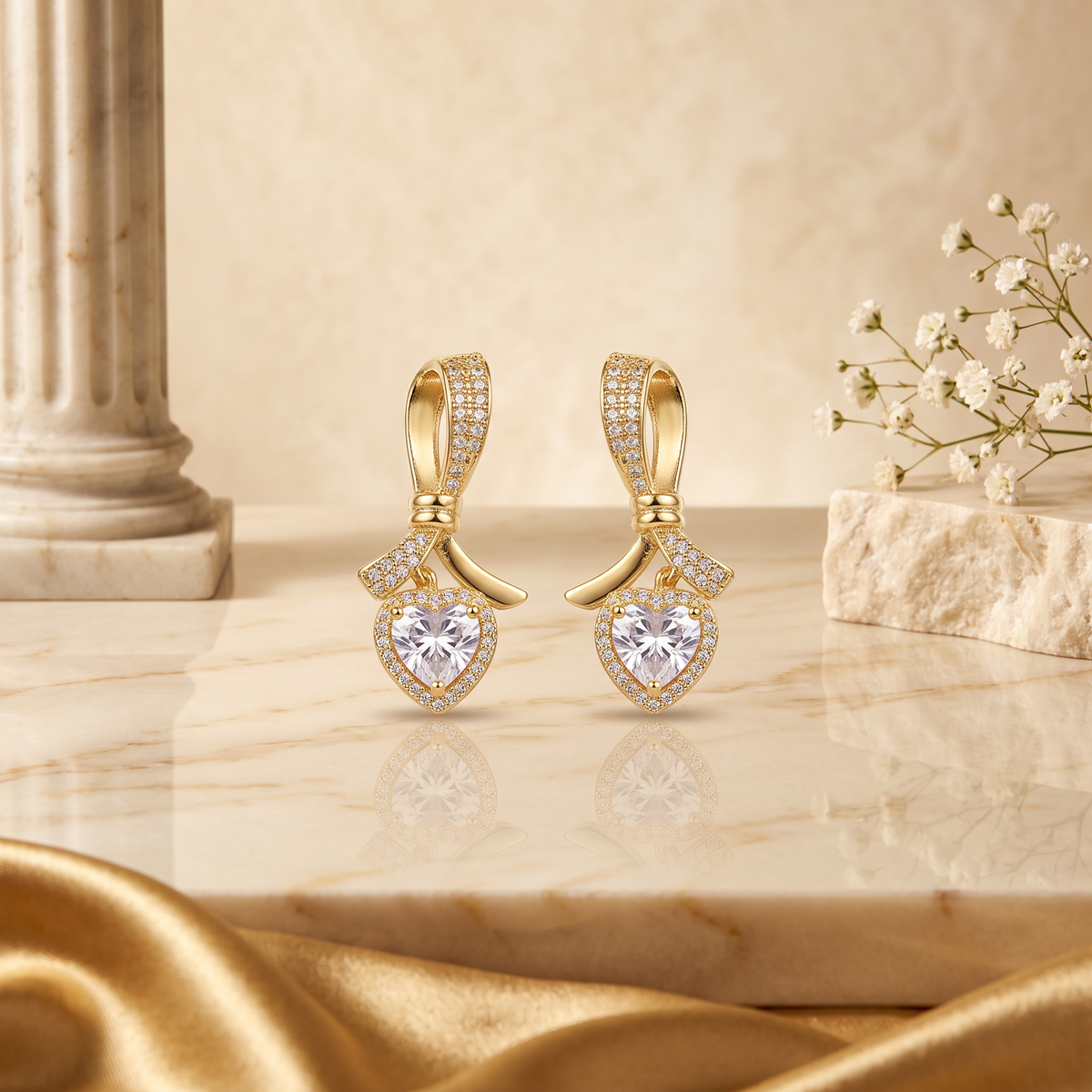 Gold Bow Motif Heart CZ Drop Earrings