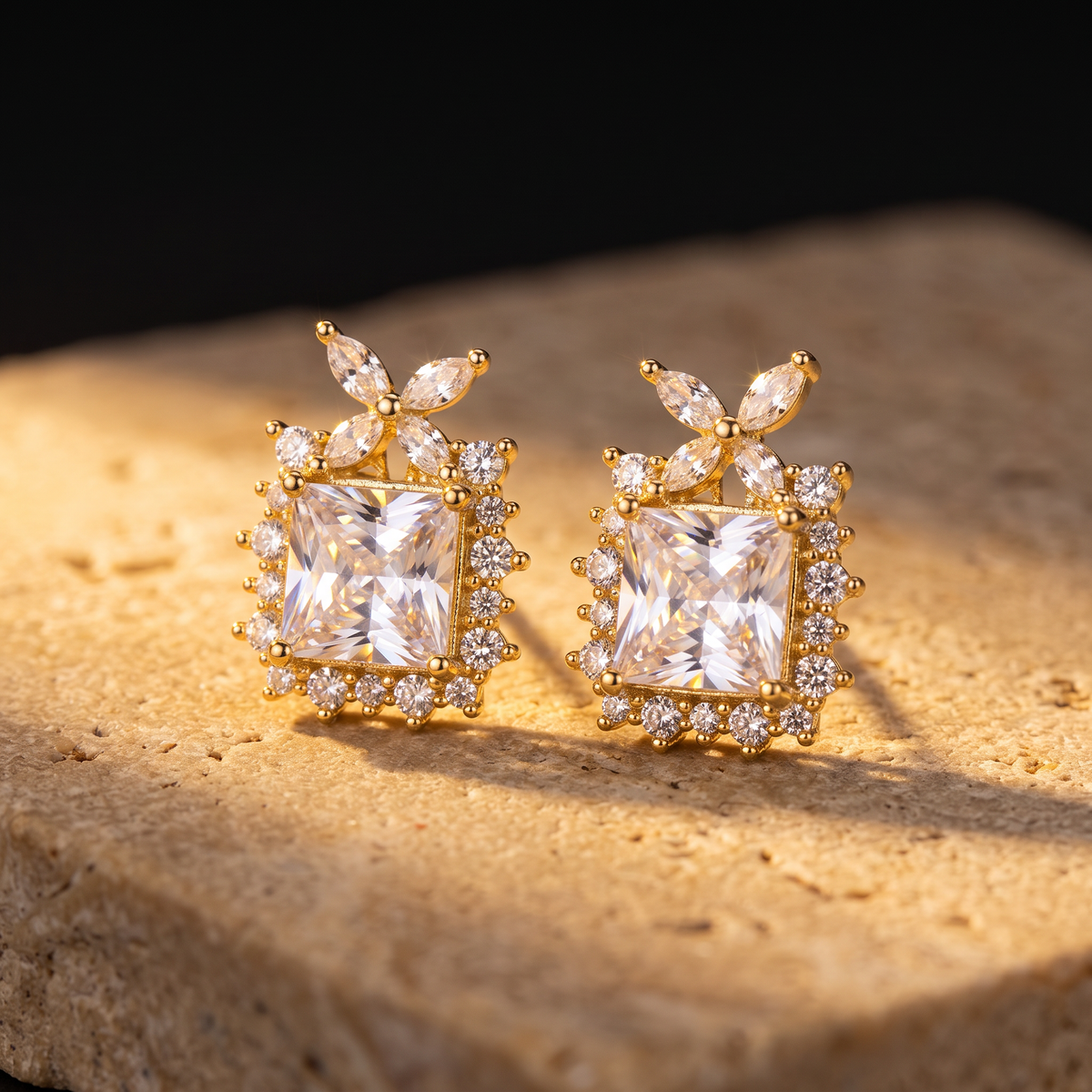 Gold Clover Leaf Pearl Stud Earrings