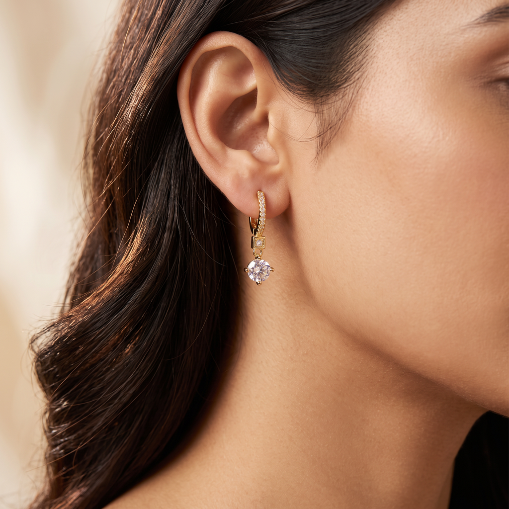 Gold Zigzag CZ Drop Stud Earrings