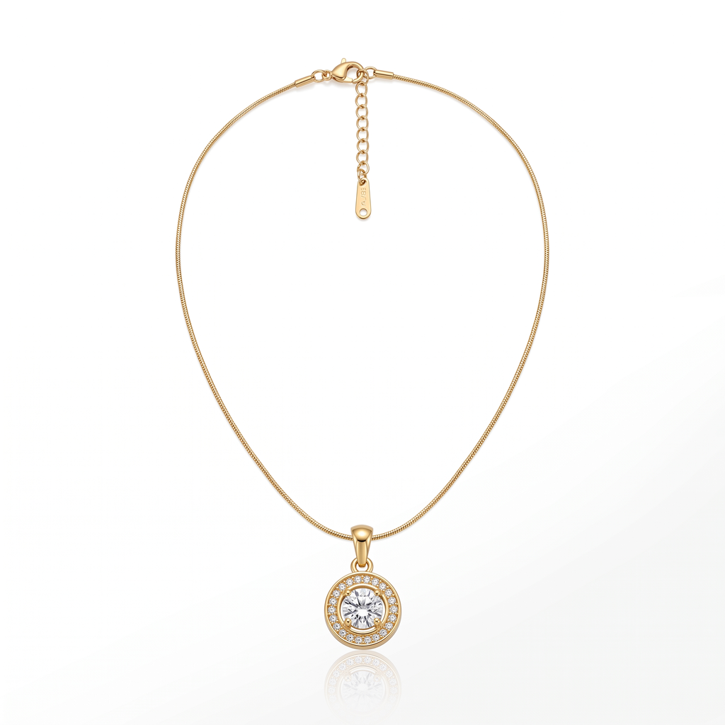 Gold Crescent Moon Solitaire CZ Pendant Necklace