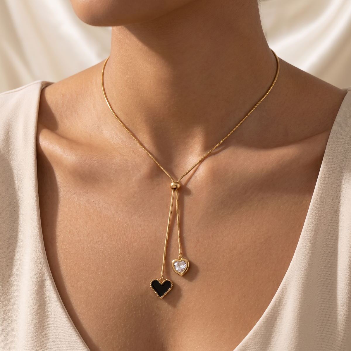 Gold Black Enamel Heart Slider Pendant Necklace