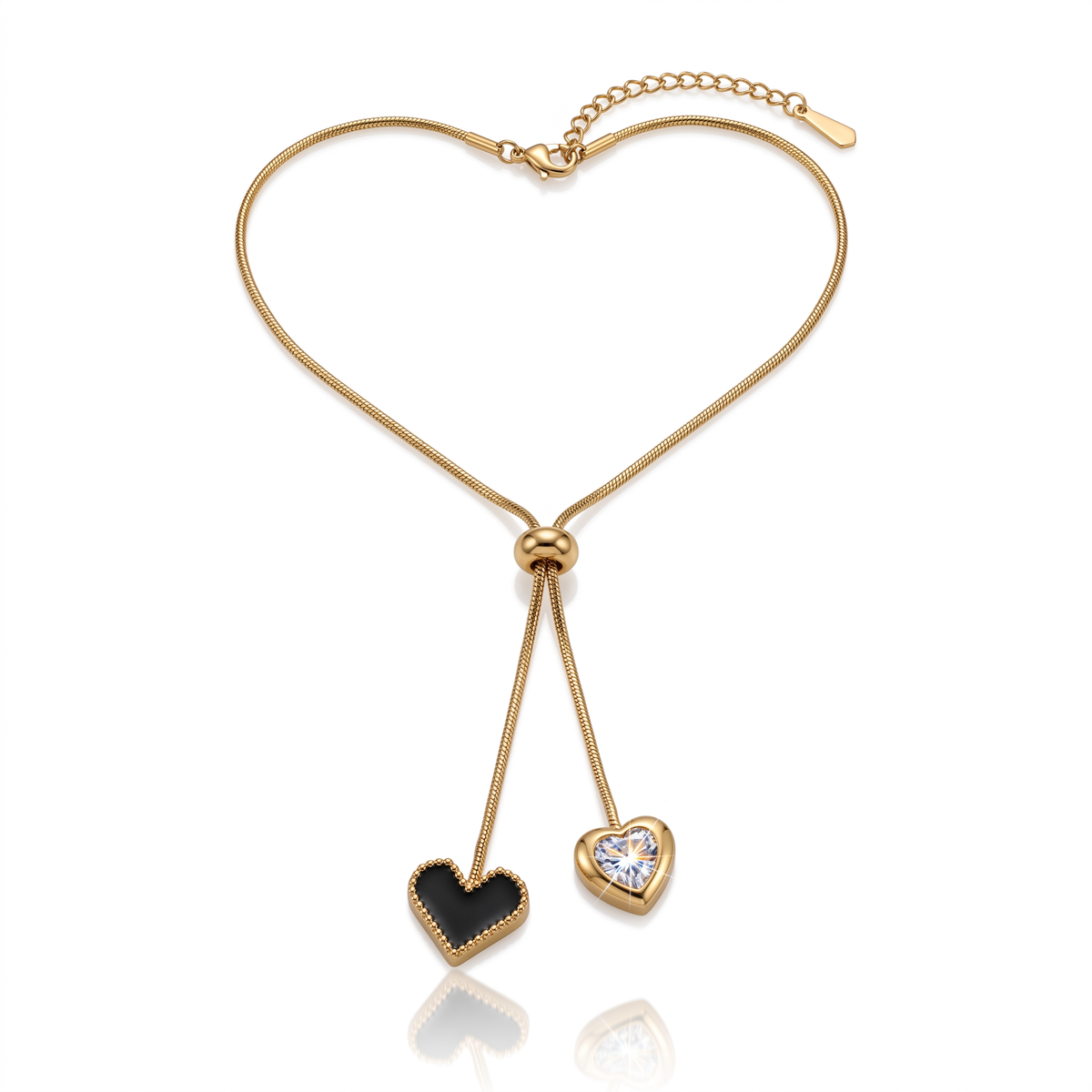 Gold Black Enamel Heart Slider Pendant Necklace
