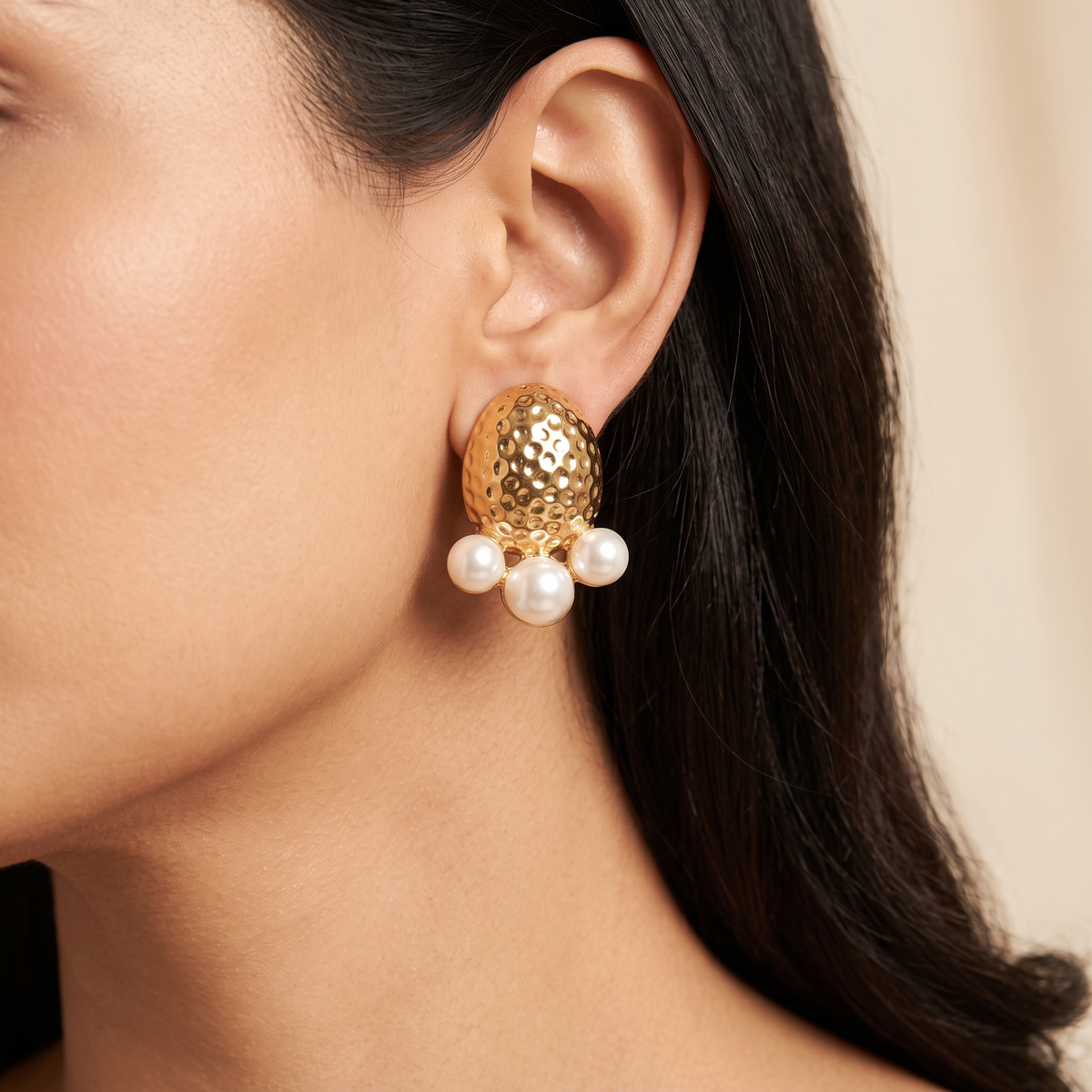 Gold Hammered Oval Pearl Stud Earrings