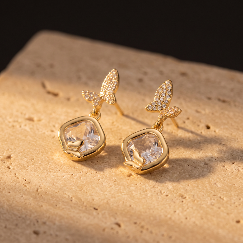 Gold Butterfly Motif CZ Stud Earrings