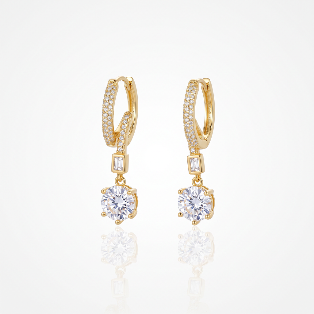 Gold Zigzag CZ Drop Stud Earrings