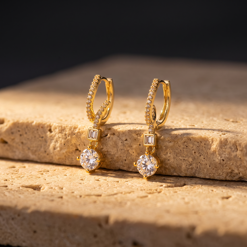 Gold Zigzag CZ Drop Stud Earrings