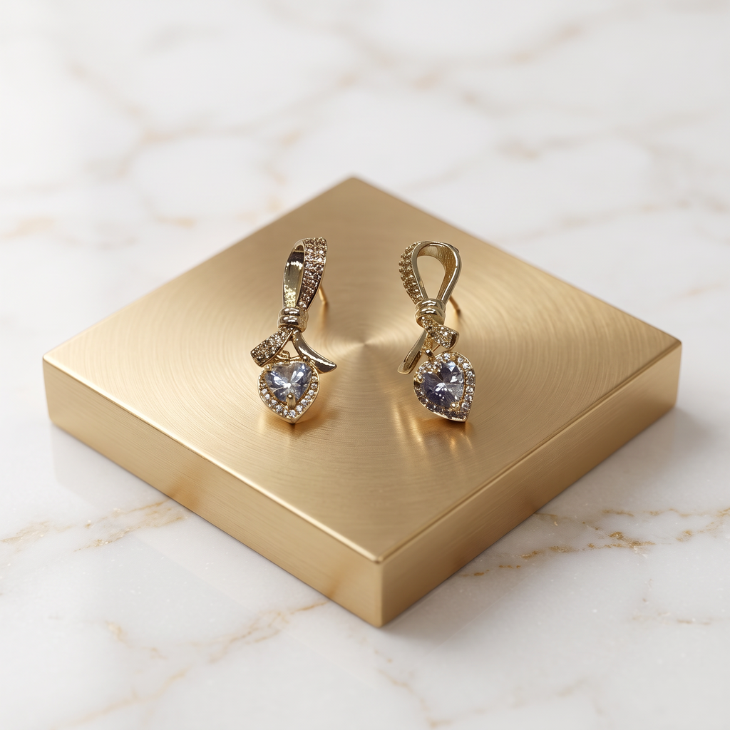 Gold Bow Motif Heart CZ Drop Earrings