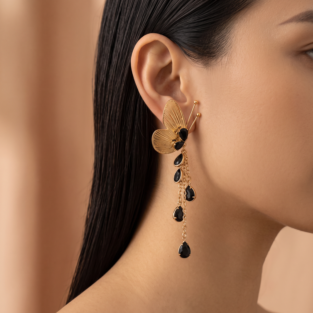 Gold Ribbed Butterfly and Black Teardrop Stone Earrings