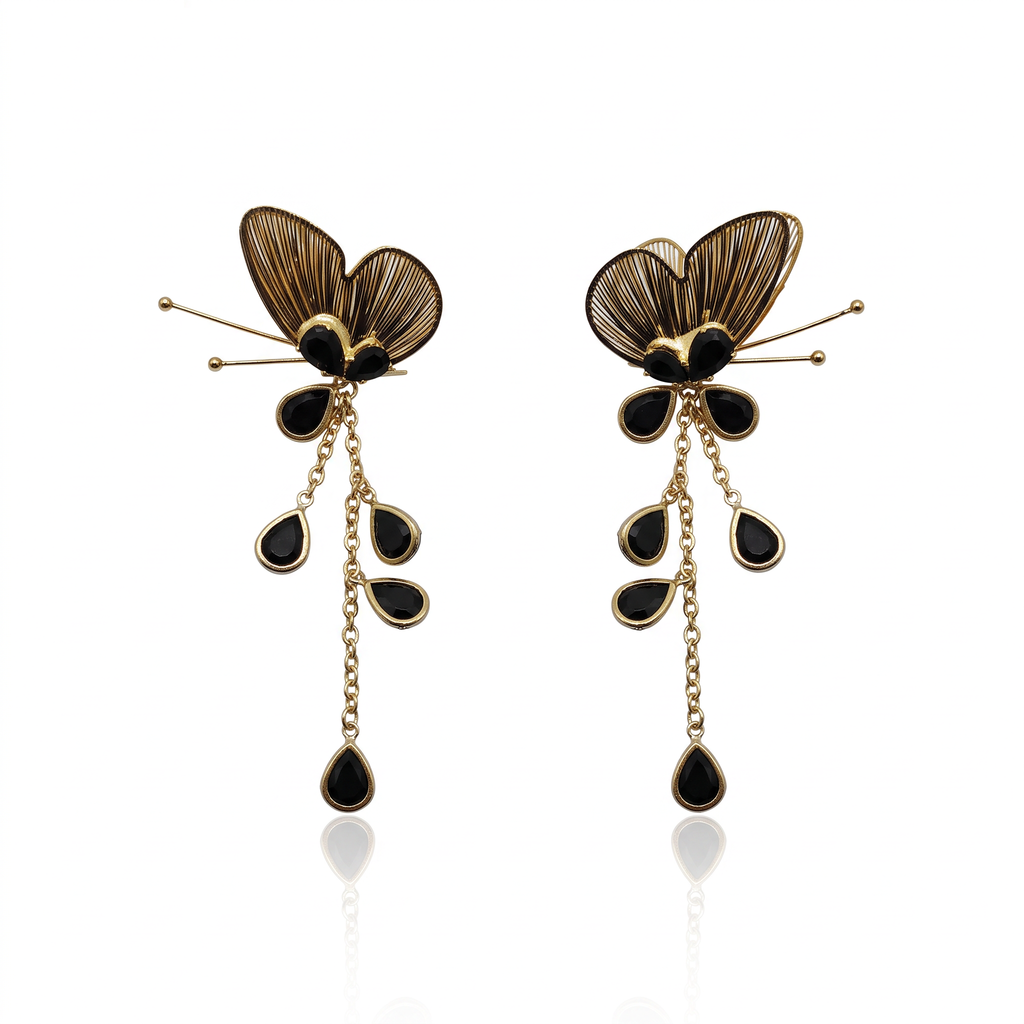 Gold Ribbed Butterfly and Black Teardrop Stone Earrings