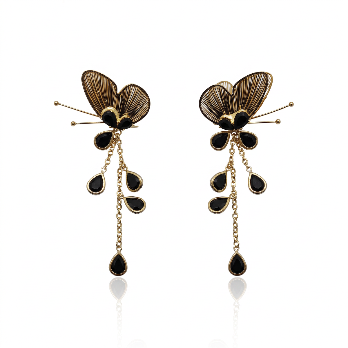 Gold Ribbed Butterfly and Black Teardrop Stone Earrings
