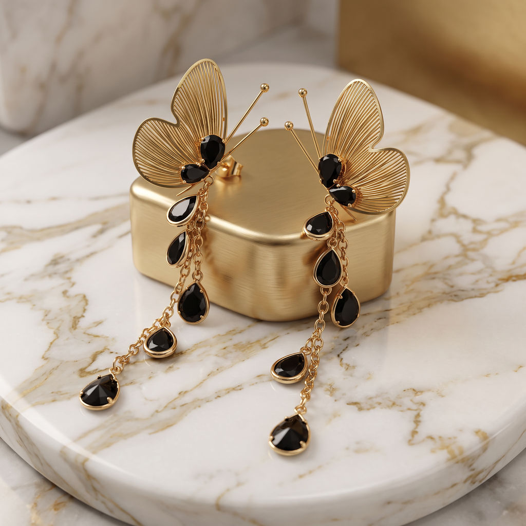 Gold Ribbed Butterfly and Black Teardrop Stone Earrings