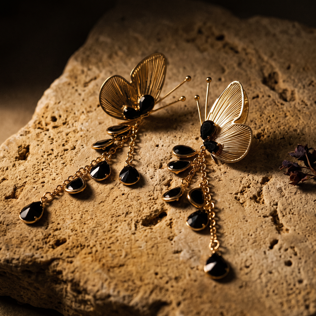 Gold Ribbed Butterfly and Black Teardrop Stone Earrings