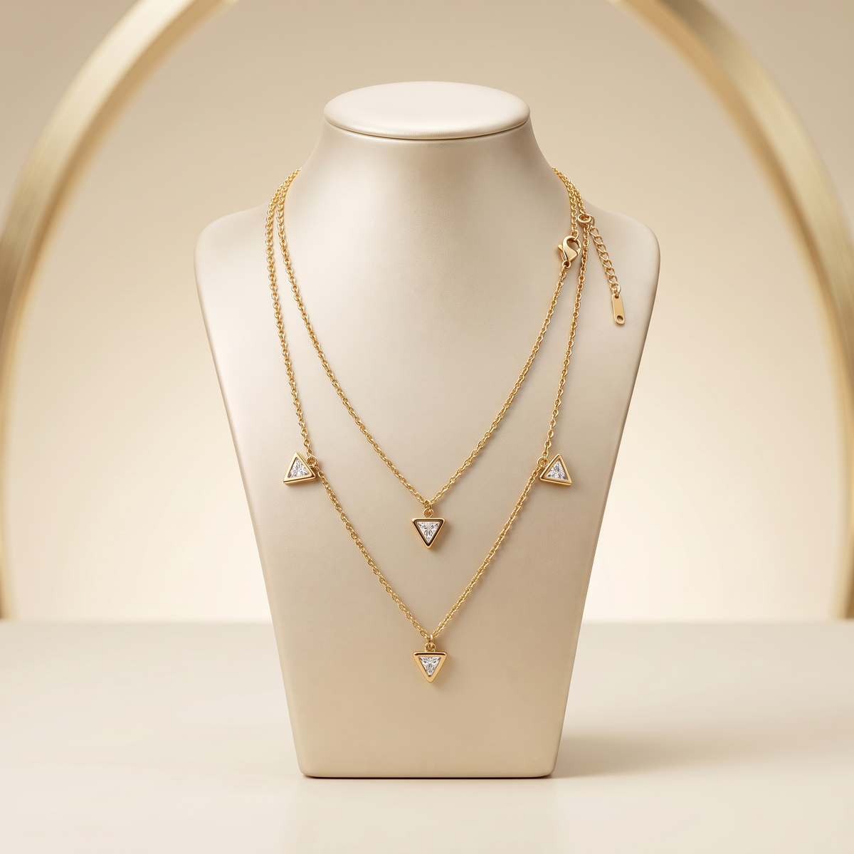 Gold Triangle CZ Multi Drop Pendant Necklace